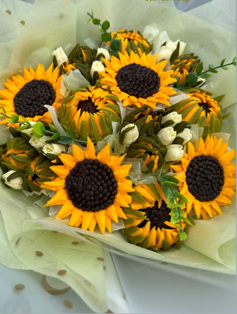 12 Deluxe cupcake bouquet of buttercream sunflowers with ivory tulips